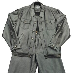 Vibes Mens Metallic Silver Denim Jacket Pants Set XL 36x32 Outfit Vintage HipHop